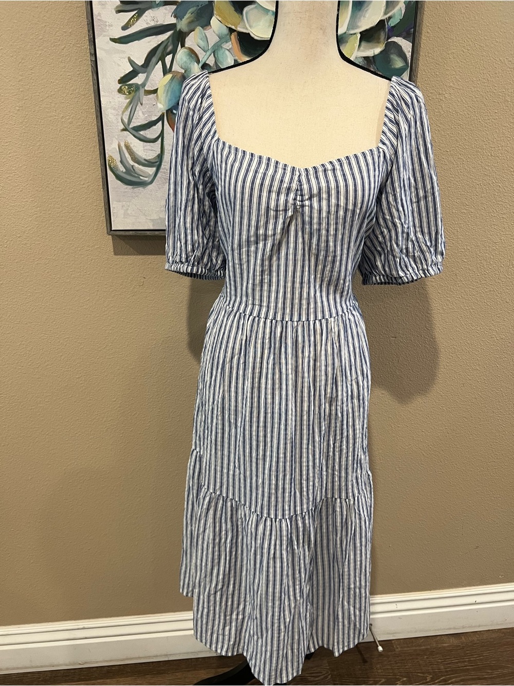 a.n.a Blue and White Striped Square-Neck Midi Dress